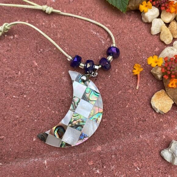 Abalone Moon Pendant Handmade leather Necklace - Picture 2 of 9